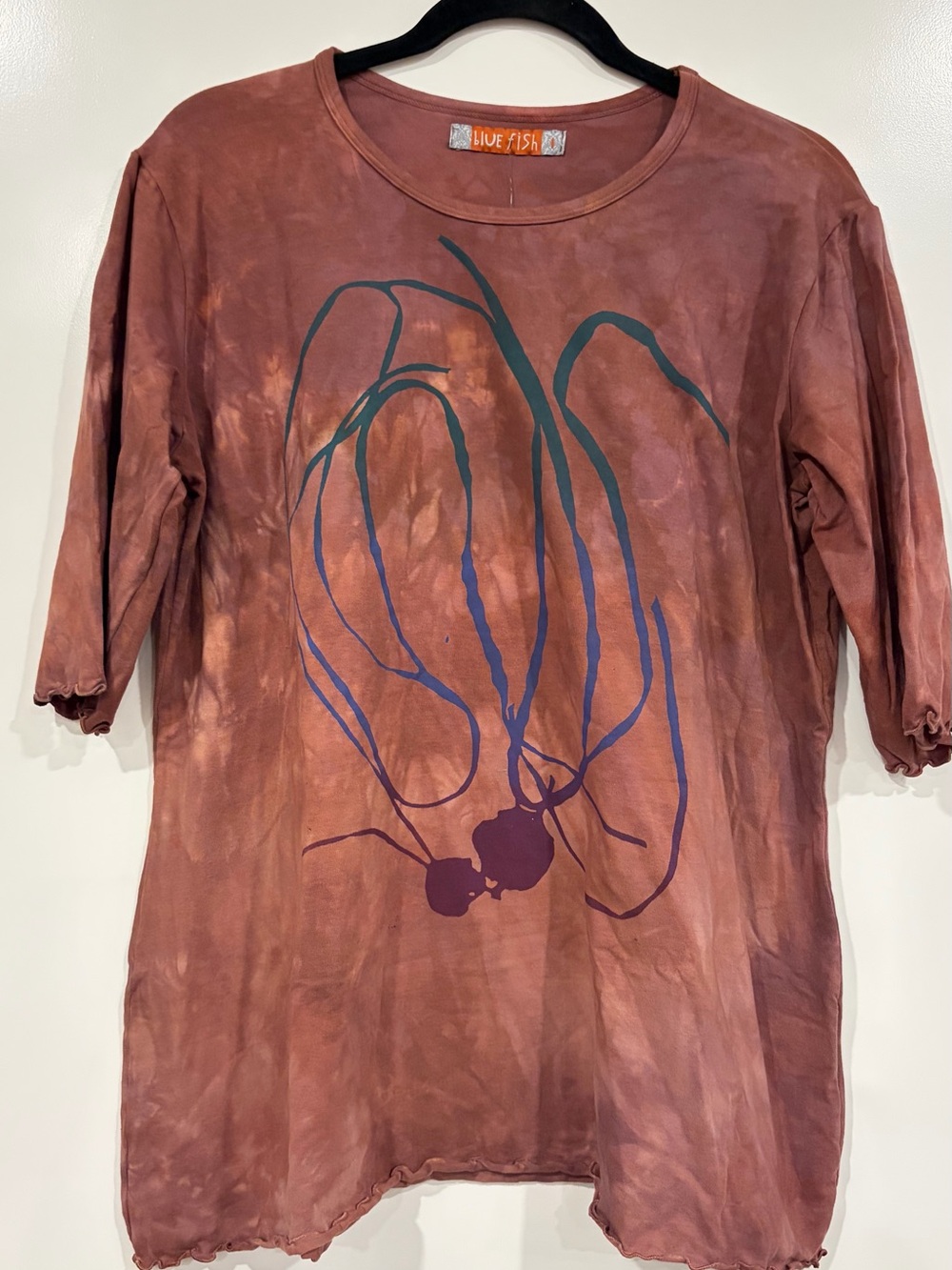 Blue Fish Tie-Dye Rust Tunic with Blue & Green Graphic